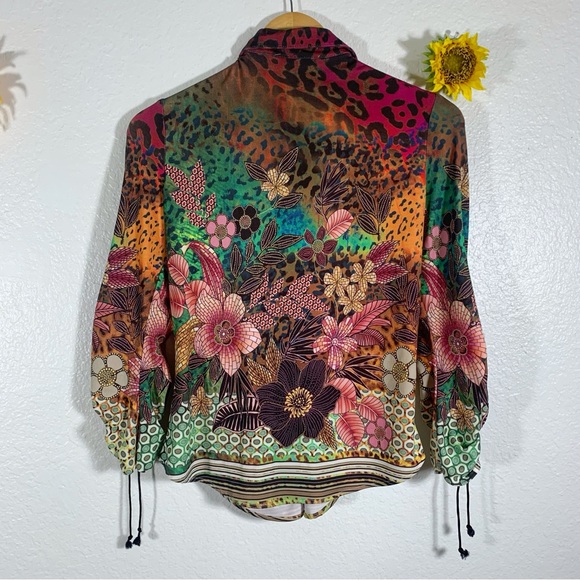 IQ Paris Floral Animal Print Button Up Scrunch Sleeve Blouse Size Medium - Picture 9 of 12